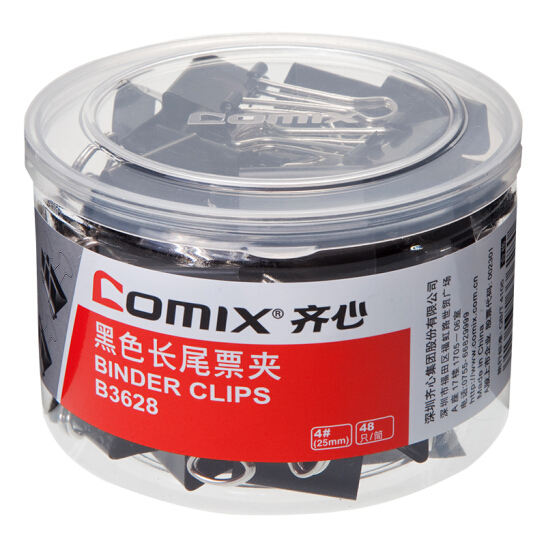 齊心（COMIX） 黑色長尾夾 燕尾夾 資料夾 文件夾 反尾夾 辦公反尾夾 B3628 25mm 48只/筒裝