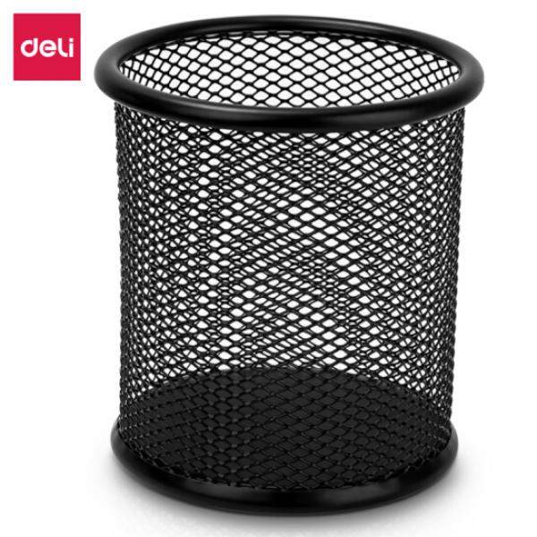  得力(deli)金屬網紋圓形筆筒 簡約創意桌面收納盒 辦公用品 黑色9172