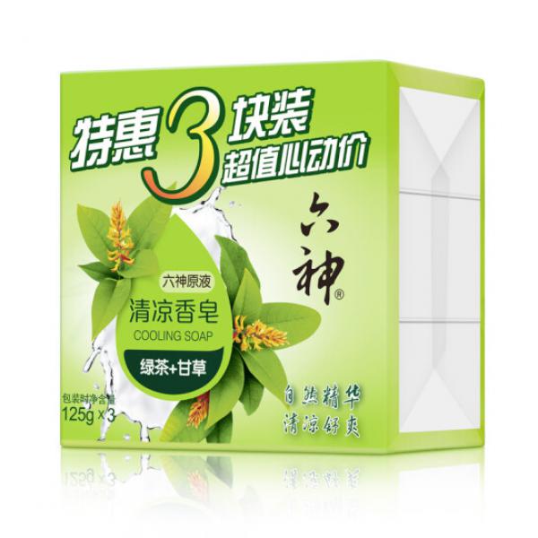 六神清涼香皂 植物綠茶&甘草 家庭囤貨三塊裝 清涼舒爽 125g*3