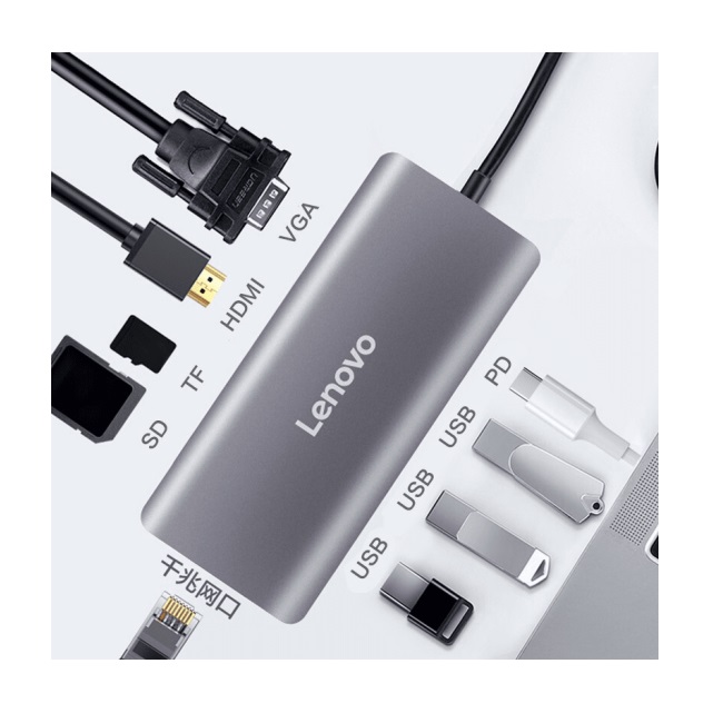 聯(lián)想 Type-C擴(kuò)展塢 USB分線器USB-C轉(zhuǎn)HDMI/VGA/千兆網(wǎng)口筆記本電腦拓展塢 小新拯救者9口鋁合金擴(kuò)展塢 F1-C09