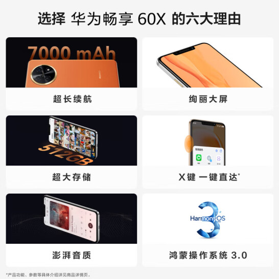 華為 暢享 60X 7000mAh長續航 6.95英寸 256GB 皓月銀 鴻蒙系統智能手機