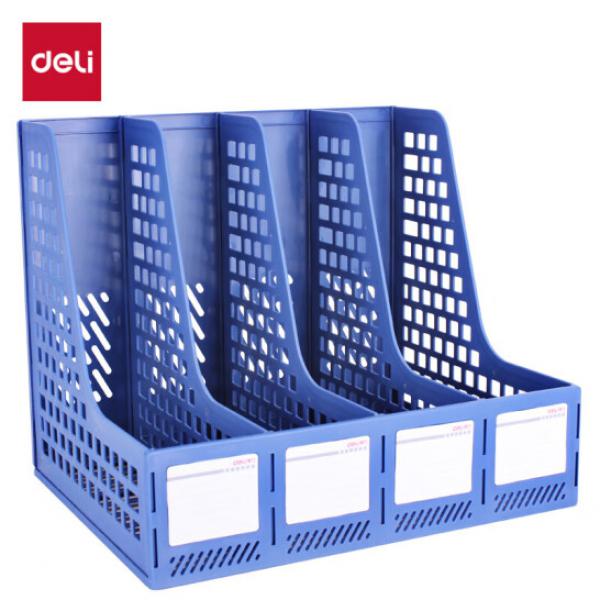 得力(deli) 4聯 鏤空桌面文件框 四欄帶標簽資料文件架 藍色 27888