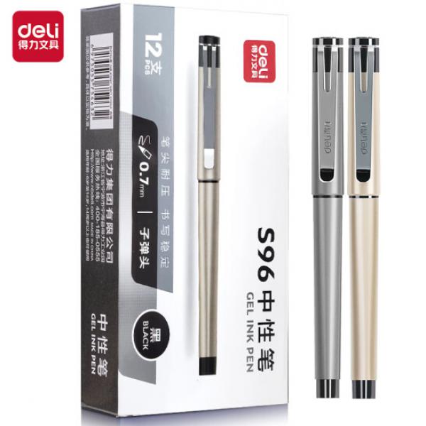 得力（deli）文具 黑色簽字筆 商務款子彈頭 0.7mm 12支裝 S96