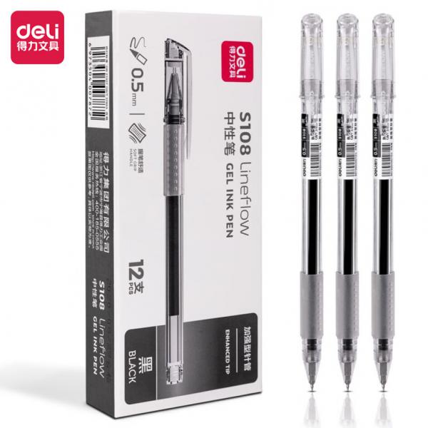 得力(deli)  0.5mm 針管型中性筆  黑色碳素簽字筆  S108  12支/盒