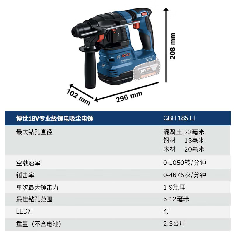 博世（BOSCH）GBH 185-LI 18V鋰電無刷電錘充電式多功能電鉆沖擊鉆 5.0Ah電池*2