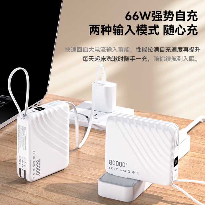 超級馬 充電寶 自帶線AC插頭 超大容量移動電源 適用蘋果華為 皓月白