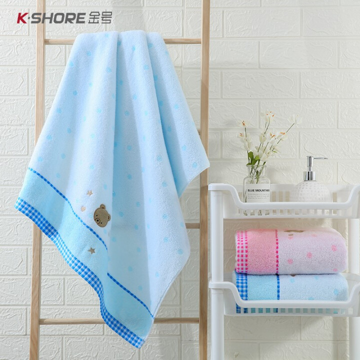 金號 無捻圓點繡花 吸水柔軟浴巾 洗澡巾 藍色 130*65cm 300g